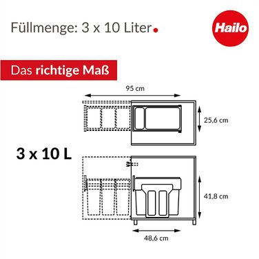 Вбудована система поділу сміття Hailo EcoLine Design Trio l / 3x10l / 30L / тріо сепаратор сміття з повним висуненням на телескопічних направляючих / знімна кришка з полицями / листова сталь / виконана в чорному кольорі