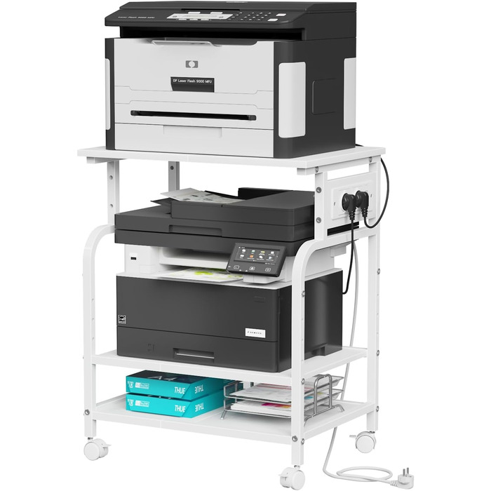 Тристопельний стіл для принтера з розеткою та USB-портами, регульовані полиці, роликовий стійка для дому/офісу, для 3D/лазерного друку, термопреса (білий, 60 см)
