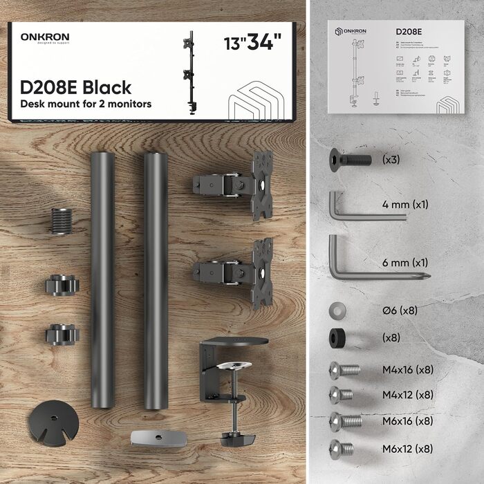 Кріплення для моніторів ONKRON D421E-B (D208E-B) - 4 монітори, 13-32 дюйми, до 8 кг, VESA, регулювання висоти, чорний