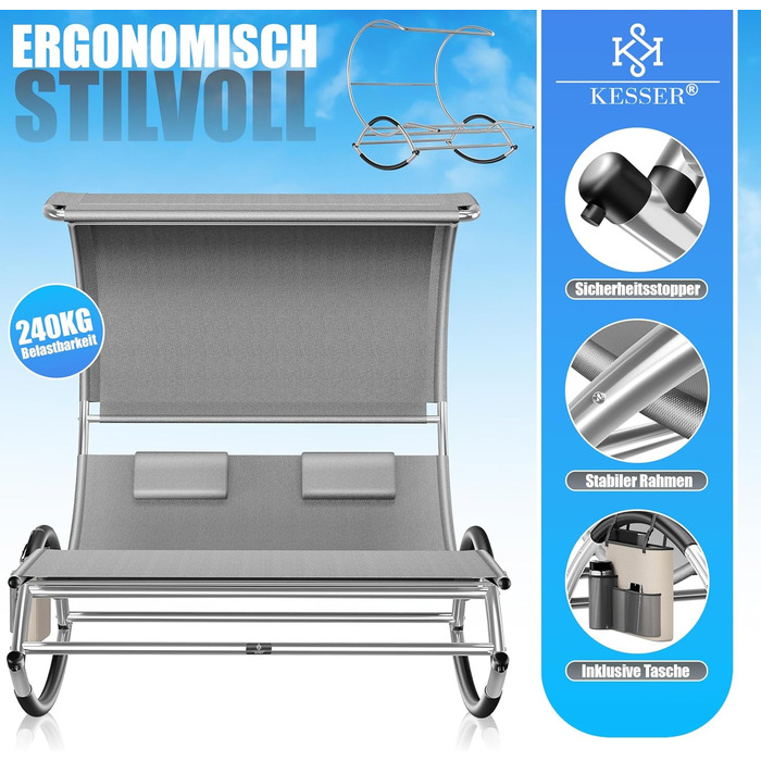 Кесер® Подвійна шезлонг для відпочинку з сонцезахисним дахом, подушкою для голови та кишенею для 2 осіб, садова шезлонг, 240 кг, сірий
