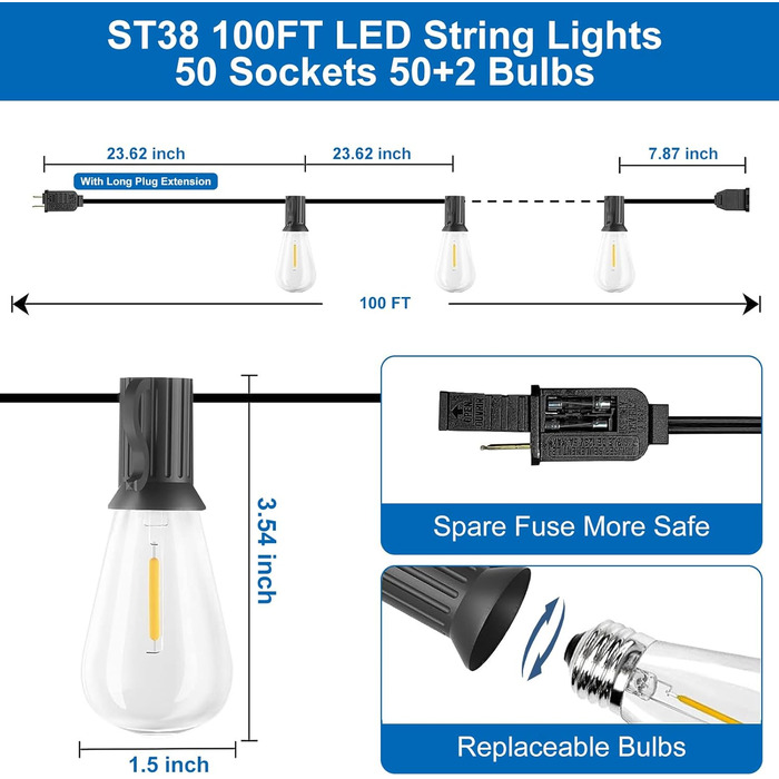 М світлодіодних струнних ліхтарів з регулюванням яскравості зовні, 52 вінтажні лампи ST38, 2200K, водонепроникні, теплі білі, 30