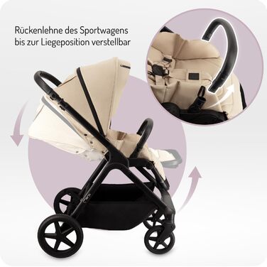 Дитяча коляска MoMi GISELLE 2 в 1 комбінована, бежева: для малюків від народження до 22 кг, з 5-точковим ременем безпеки, збірно-розкладна, з кошиком, матрацом, дощовиком та пеленатором