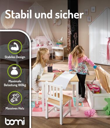 Дитячий меблевий набір Bomi Anna: стіл, 2 стільці та лавка-сховище | Меблі для дитячої кімнати з екологічного дерева | Білий (білий-натуральний)