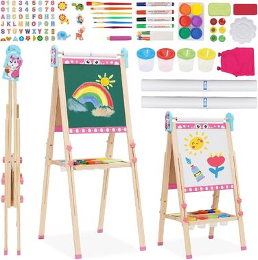 Дитяча мольберт Kinder Staffelei 3 в 1: регульована висота 95-125 см, ролик для паперу, двосторонній, з набором для малювання (100+ шт.), для дітей 3-8 років (рожевий)