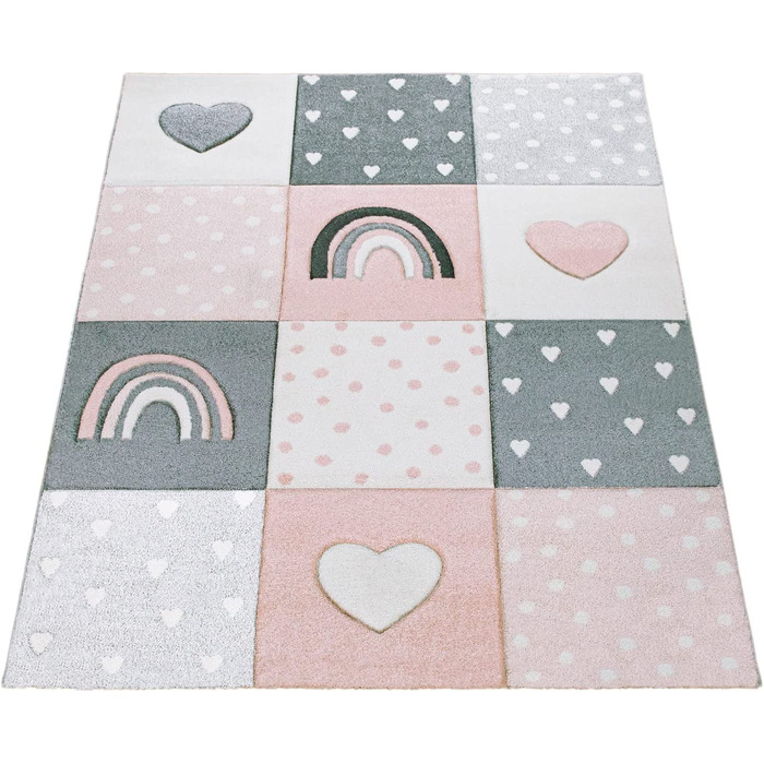 Домашній дитячий килим Paco, килим для дитячої кімнати з коротким ворсом для хлопчиків і дівчаток, райдужні сердечка, рожеві, білі, сірі, Розмір120x170 см (240 см x 340 см)