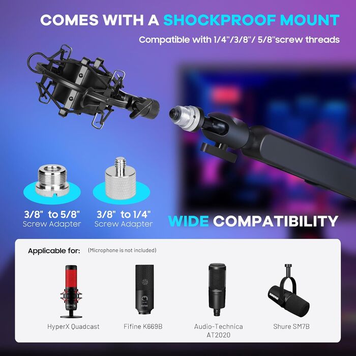 CAHAYA Мікрофонний стійкий кронштейн Boom Arm Professional: Регульований мікрофонний кронштейн з подовжувачем, низькопрофільний дизайн для стрімінгу та запису, вантажопідйомність до 2.5 кг