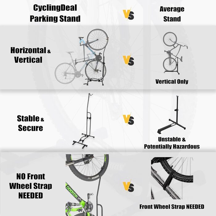 Вертикальна стійка для велосипеда CyclingDeal - високоякісна вертикальна та горизонтальна регульована паркувальна стійка для велосипедної підлоги - безпечна та надійна для зберігання шосейних велосипедів MTB у гаражі чи вдома - для коліс розміром до 29 Ve