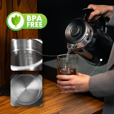 Електричний чайник LEHMANN з нержавіючої сталі 2L, 2200W, швидкий нагрів, подвійні стінки, автовимкнення та захист від перегріву, BPA-free, для великих сімей та офісів, чорний