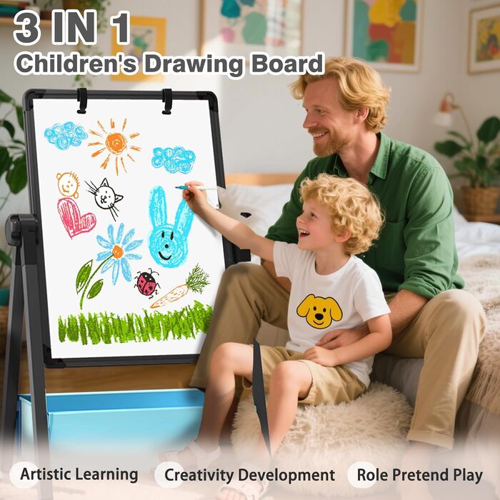 Дитяча мольберт Kinderstaffelei: двосторонній, металевий, регульований по висоті, 360° обертання, дошка для малювання та письма з літерами та цифрами (чорний)