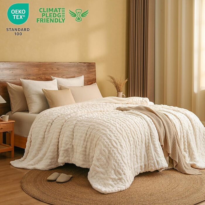 Плед Sherpa Fleecedecke: теплий та м'який плед 152x203 см, сертифікат Oeko-TEX®, з туфтованого жакарду, кремового кольору