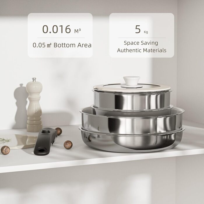 Набір посуду RIOVARM з індукційним покриттям: каструлі та сковороди з знімними ручками, антипригарне гранітне покриття, складна конструкція, кришки з силікону, без PFOA, 16 предметів з нержавіючої сталі