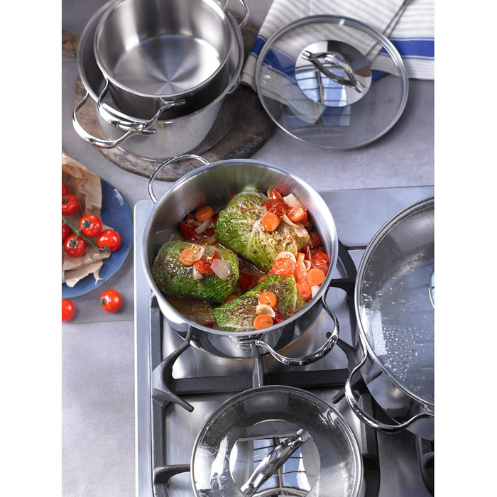 Набір каструль WMF Aparto 5-ти частинний з кришкою з термостійкого скла, Cromargan нержавіюча сталь, індукційне дно, підходить для всіх типів плит, без антипригарного покриття, безпечний для миття в посудомийній машині