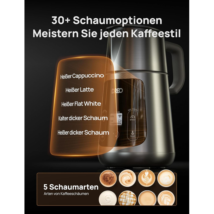 Dreo автоматичний спінювач молока All-in-1, 800 мл, срібний. Спінювач для лате-арту, гарячих та холодних напоїв, 30+ рецептів, для миття в посудомийній машині