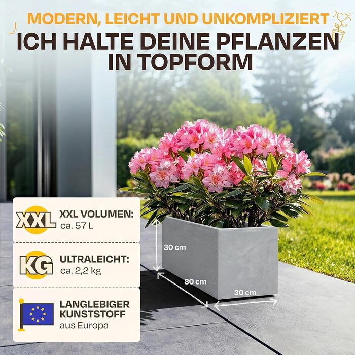 Плантатор Ondis24 Vulkan, 57л, прямокутний, з водосховищем, для балкона/тераси, сірий