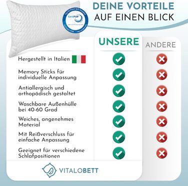 Подушка VitaloBett 40x80см - Регульована по висоті подушка на блискавці - Подушка з піни з ефектом пам'яті з картами пам'яті - Зроблено в Італії