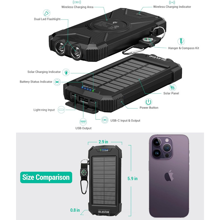 Сонячний пауербанк BLAVOR 10000 мАг, PD 20 Вт, USB C, швидка зарядка Qi, сонячна панель, ліхтарик, чорний