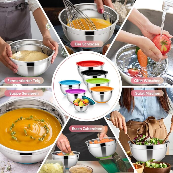 Набір мисок HaWare 7 шт. з нержавіючої сталі з кришками, 6.5-0.7л, кольорові, з силіконовим дном