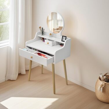 Трюмо YuYe з LED-підсвічуванням, регульованою яскравістю, з пуфом, 5 шухлядами та 3 полицями, сучасний дерев'яний комод для макіяжу білого кольору (121)