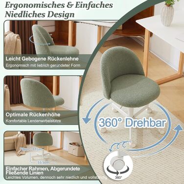 Офісне крісло Bonnlo з роликами, регульована висота, для робочого кабінету, спальні, home office, обшите тедді, білий (зелений)