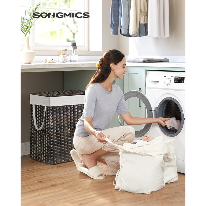 Кошик для білизни Songmics з кришкою, 90 л, з 6 мішечками, з лози, коричневий
