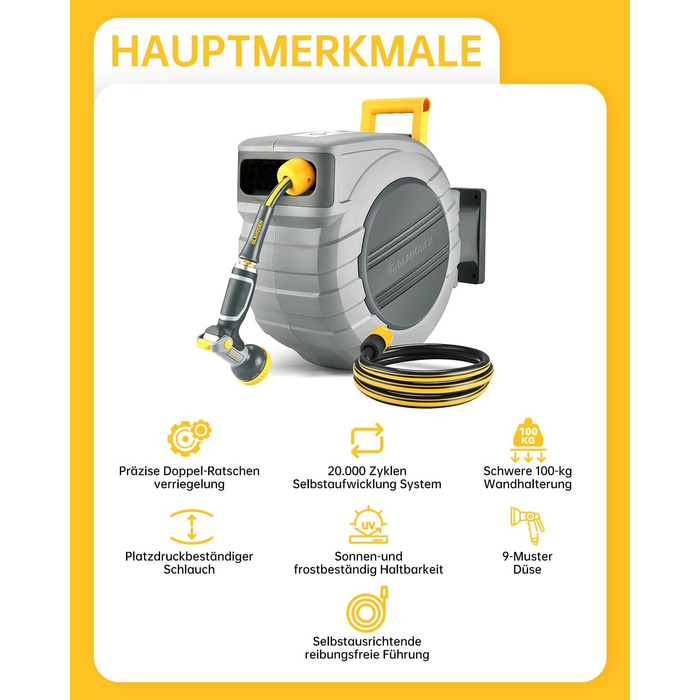 Шланговий барабан GLAHODEN з садовим шлангом 40 м + 2 м, стійкий до сонця та морозу, поворотний на 180°, настінна шланговий бокс з 9-функціональною розпилювальною насадкою