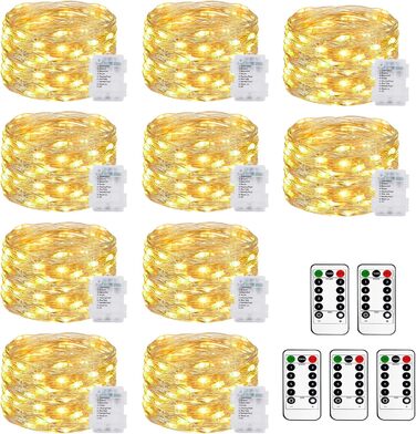 Льотова гірлянда на батарейках, 5 метрів, 50 LED, з таймером та пультом, 8 режимів, вологостійка, тепле біле світло, для декору інтер'єру/екстер'єру, 6 шт.