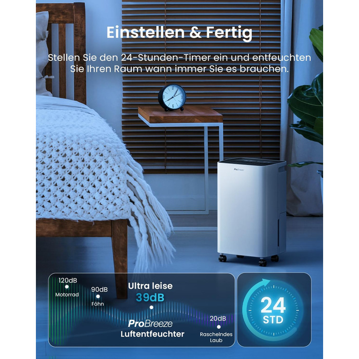 Електричний осушувач повітря Pro Breeze 20L - для дому, від вологи та цвілі, з функцією прання, таймером, фільтром, смарт-додаток, до 35 м²
