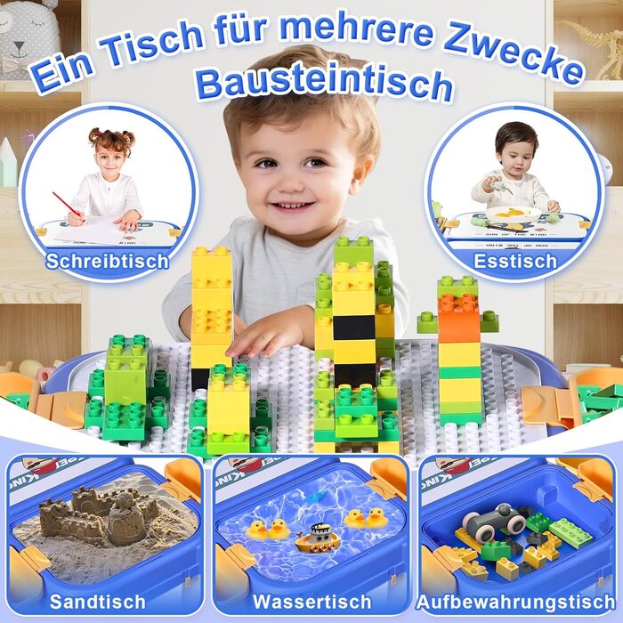 Дитячий стіл Fygurso з кріслом та 90 великих кубиків для конструювання. Трансформується в коробку на колесах. Для дітей від 3 років.