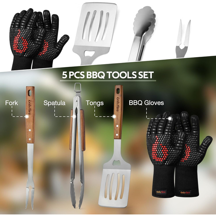 Набір гриль-посуду Onlyfire 4 шт. з нержавіючої сталі та акації (щипці, лопатка, виделка, щітка)