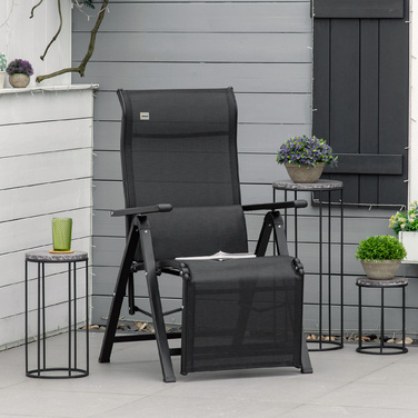 Розкішний шезлонг для відпочинку на відкритому повітрі: складаний лежак з подушкою, що імітує відчуття невагомості. Має 9 положень регулювання спинки, витримує до 150 кг. Ідеально підходить для саду, відпочинку, відпустки, пляжу, басейну. Колір: чорний.