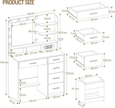 Дзеркальний туалетний столик Hzuaneri з LED-підсвіткою (10 LED), пуфом, великим дзеркалом, тримачем для фену та шухлядами, білий DT39003X