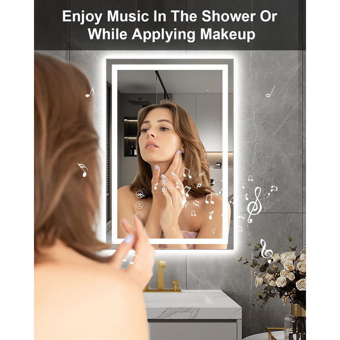 Дзеркало для ванної кімнати Habison з підсвічуванням LED, 50x70 см, сенсорне керування, димування, 3 колірні температури, функція пам'яті, проти запотівання, Bluetooth, матова центральна частина