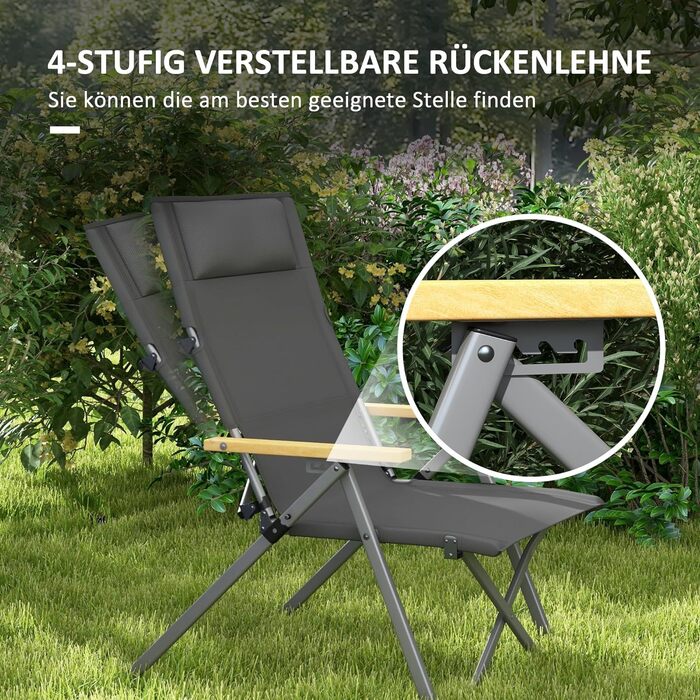 Складне садове крісло з 4-ступінчастою регульованою спинкою, підголівником, складним стільцем із сумкою для перенесення для басейну, пляжу, Оксфорда, (сірий)
