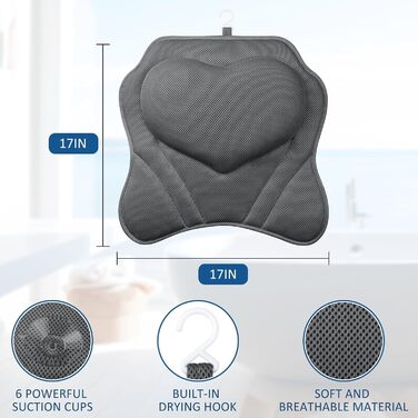 Подушка для ванни LuxStep з Air-Mesh тканини та 6 антиковзними присосками, для підтримки голови, шиї та спини, аксесуар для ванної кімнати, сірий колір