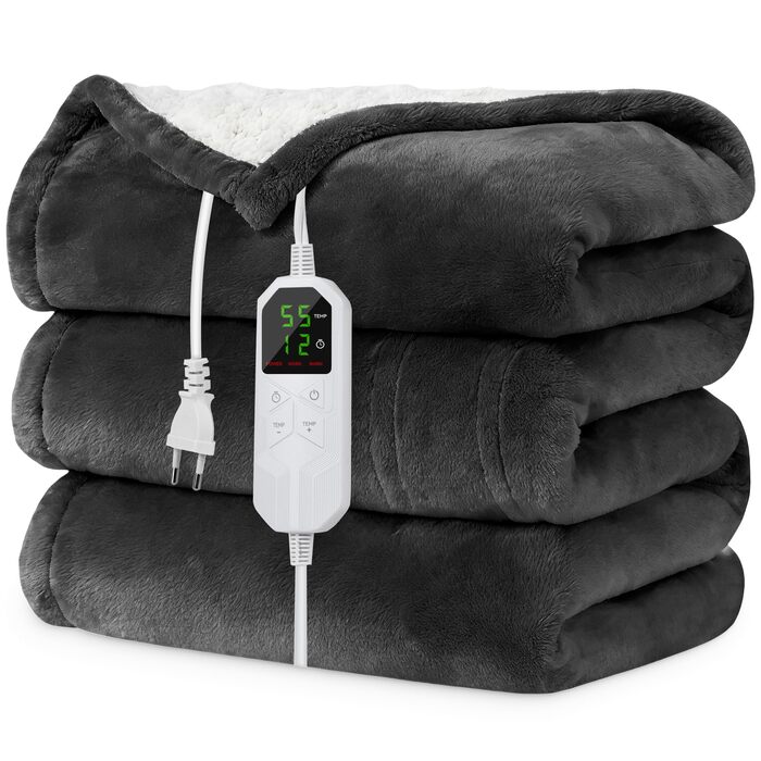 Електрична гріюча ковдра з таймером та захистом від перегріву 130x180 см, 8 режимів нагріву, пральна машина, фланцель-шерпа, сіра для дому та офісу