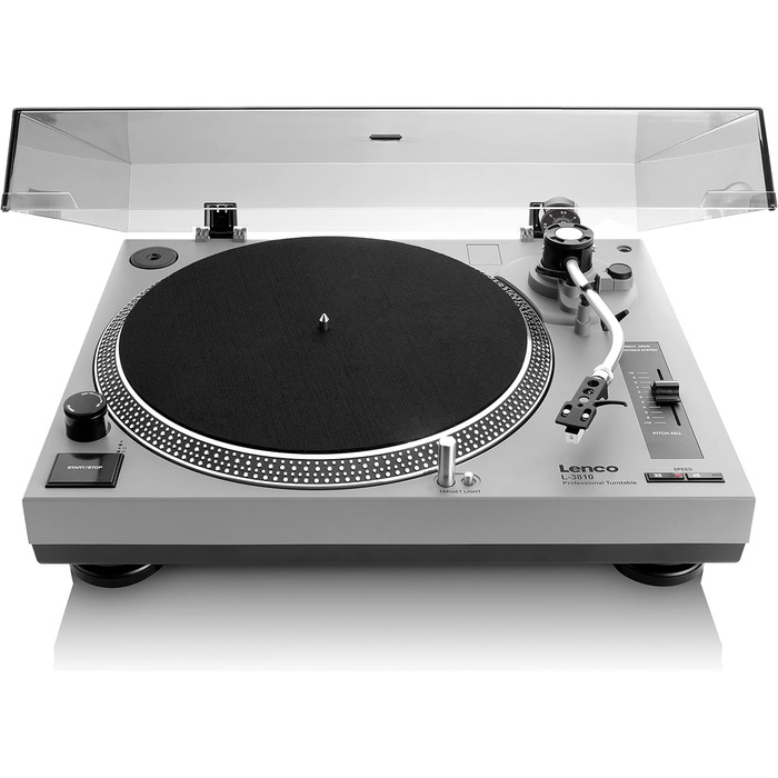 DJ-програвач Lenco L-3810 з прямим приводом, 33/45 об/хв, Pitch-Control, магнітний звукознімач, підсвітка голки, білий (матовий сірий)
