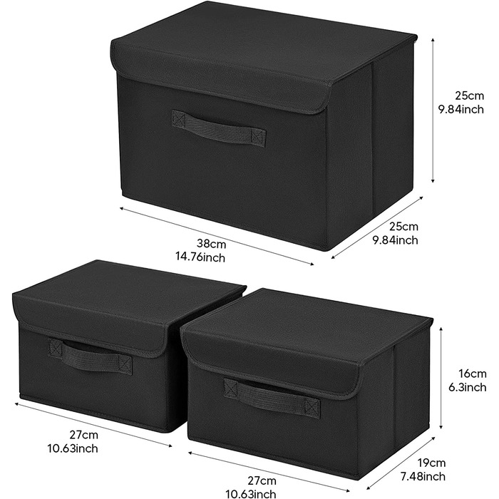 Ящики для зберігання DIM J з 3 предметів з кришкою і ручкою, складаний ящик для зберігання одягу, одягу, книг, косметики, іграшок (чорний, 37,5*24*24 див 26.5*19* 15 см)