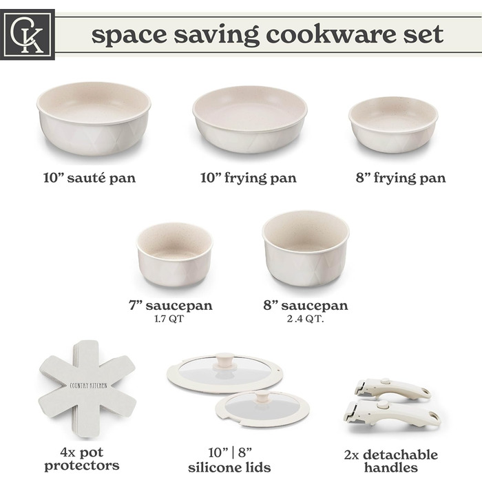 Набір посуду Rhombus 13 предметів: каструлі та сковорідки з антипригарним покриттям, знімні ручки, для кемпінгу та приготування їжі в духовці, кремовий