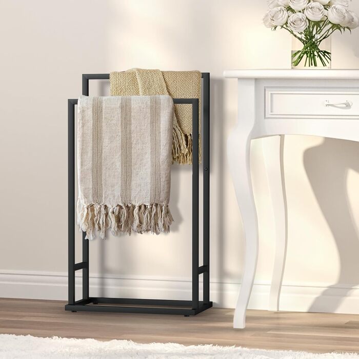 Підставка для рушників на підлозі, металева, чорна, з 2 перекладинами, для ванної кімнати, стабільна, економна