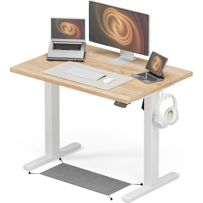 Регульований стіл 120x60 см, електричний з функцією пам'яті, стоячий/сидячий комп'ютерний стіл. Керування кабелями та гачки, регульований підйомний стіл для офісу та дому – Білий. (Світло-русявий, 100 см)