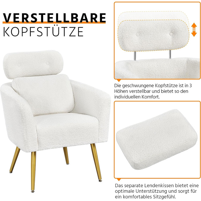 Крісло Yaheetech з тканини букле, м'яке, з регульованою підголівником, для вітальні/офісу, біле