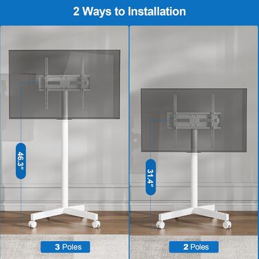 Мобільний телевізійний візок HOLMAXD: регульований стійкий стенд для телевізорів 58-165 см (23-65 дюймів), до 50 кг, з нахиленою підставкою, білий, для саду