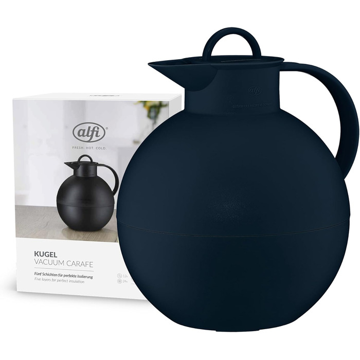 Термокружка Alfi KUGEL 0.94л, темно-синій матовий пластик, з термоізоляцією, з скляною вставкою, з поворотним закриттям, дизайнерська модель, кулькоподібна термокружка, ідеальна для кави та чаю, BPA-free, 940 мл, темно-синій матовий