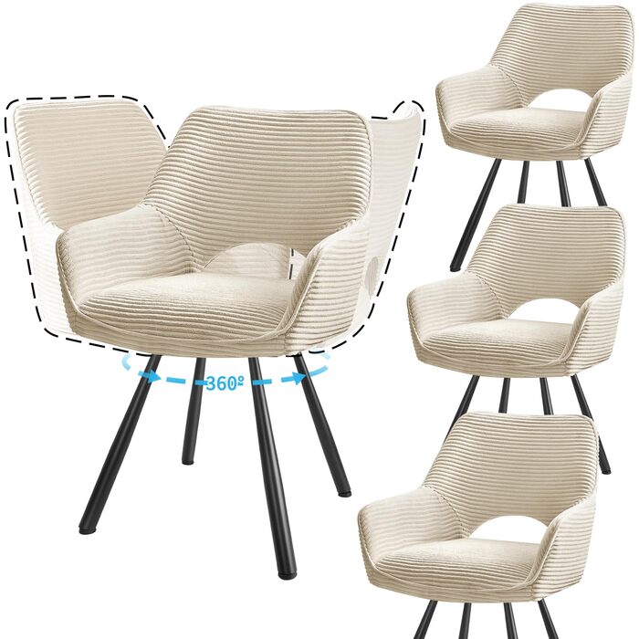 Набір з 4-х обертових стільців для їдальні з підлокітниками, 360° обертання, кухонні стільці, сучасні м'які стільці з тканинною спинкою для кухні, їдальні, спальні, бежеві