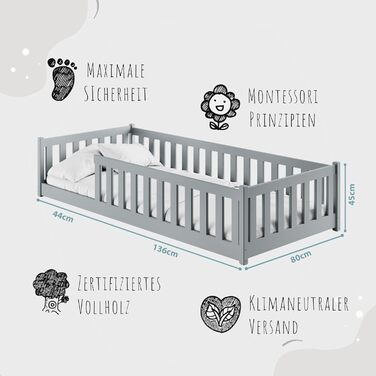 Дитяче ліжко Kids Collective Kinderbett з бортиками та ламелями, 80x180 см, сірий, для дітей від 4 до 18 років