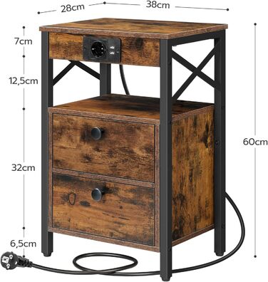 Приліжкова тумбочка HOOBRO із зарядною станцією, 2 ящики, USB та розетка, вінтажний коричнево-чорний