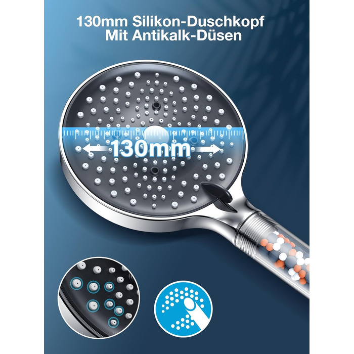 Душова лійка з шлангом YEAUPE PRO, 1,6 м, водозберігаюча, фільтр, 6 режимів, 130 мм, хром
