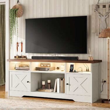 Тумба під ТВ Coleshome з розетками, USB, LED, 4 відкриті полиці та 2 шухляди, 150x35x65 см, білий та горіх