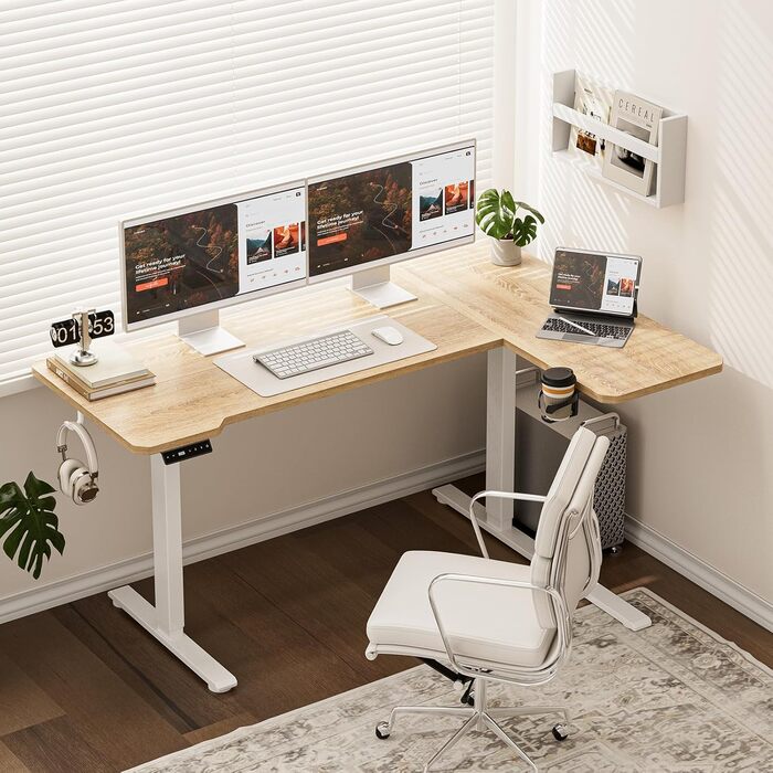 Стол письмовий L-подібний, регульований по висоті, 150 x 100 см, електричний, ергономічний, з підстаканниками та гачками, коричневий