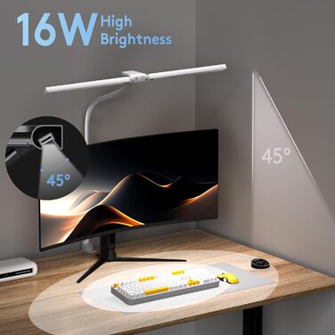 Світлодіодна лампа настільна для дітей з двома головками, захист очей, 16W, 72см, денне світло, з пультом, регулювання яскравості, гнушкий шийний механізм, матовий білий колір